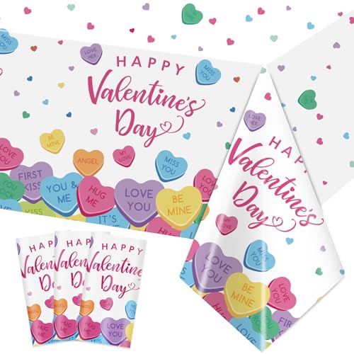 3Pcs Valentines Day Tablecloth, 54 x 108 Inch Conversation Hearts Plastic Table Cover, Colorful Love Heart Tablecloth for Wedding Anniversary, Valentines Day Decorations - color: Valentines(2)