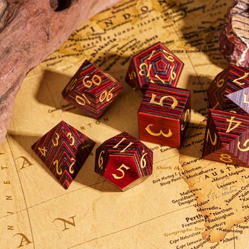 Wood DND Dice Set Orange Striped Wood Dice Set for D&D Tabletop Game - color: Red Orange Grey Striped