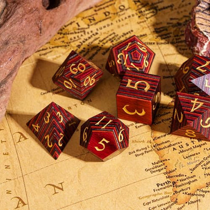 Wood DND Dice Set Orange Striped Wood Dice Set for D&D Tabletop Game - color: Red Orange Grey Striped