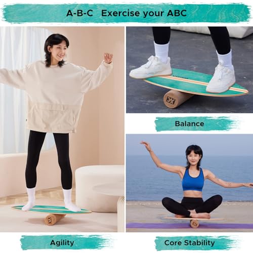 XCMAN Surf Balance Board Trainer with Roller Wooden Exercise Balancing Stability Trainer - Non Slip Surface for Adults Kids|Balance Board for Surfing,Snowboarding,Skateboarding,Hockey,Yoga Training - color: Leaf Green