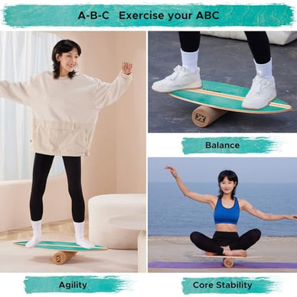 XCMAN Surf Balance Board Trainer with Roller Wooden Exercise Balancing Stability Trainer - Non Slip Surface for Adults Kids|Balance Board for Surfing,Snowboarding,Skateboarding,Hockey,Yoga Training - color: Leaf Green