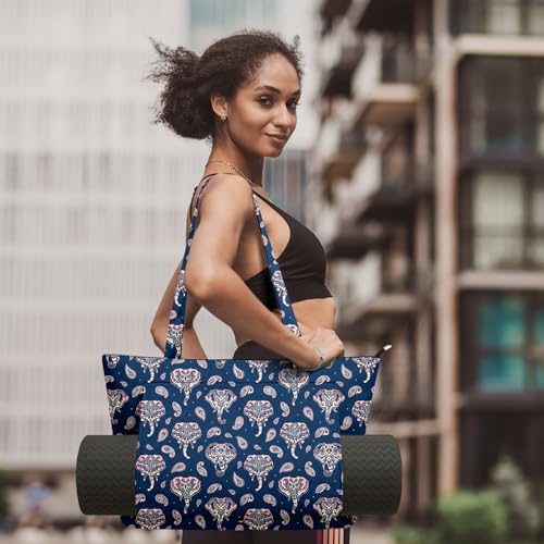Yoga Bag for Women, Large Canvas Yoga Mat Tote Bag with Yoga Mat Carrier | Large Mat Pocket Fitness Tote for Pilates, Gym, Travel, Office & Beach - color: Blue Elephant