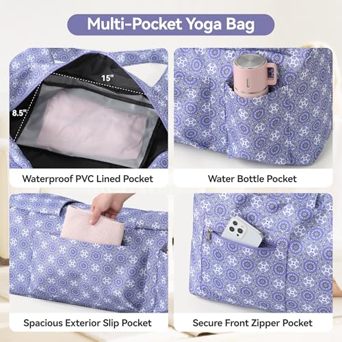 BOULDER BEE Yoga Mat Bag with Wet Pocket, Large Yoga Mat Carrier Fits All Your Stuff, Personalized Yoga Gifts, Gym Tote Bag for Women - color: Purple