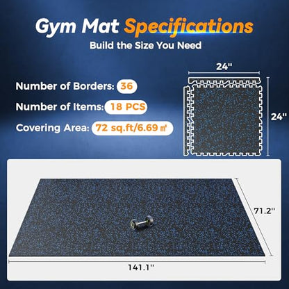 SUPERJARE 1" Extra-Thick Rubber Top Exercise Mat, Gym Flooring for Home Gym | Puzzle Gym Mat for Workout Equipment, Interlocking Floor Tiles with EVA Foam, 18 Pcs 72 Sq Ft, Black/Blue - size: 18 Tiles (72 Sq Ft)