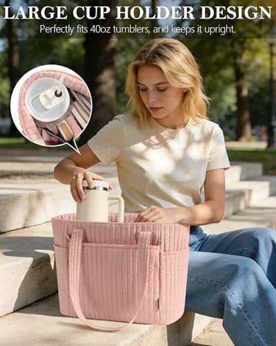 Bagstellar Quilted Tote Bag for Women Teacher Nurse Cotton Laptop Work Tote | Top Zip Closure Puffer Nursing School Travel Tote Bags with 40oz Cup Holder, Lightweight 14” Computer Shoulder Handbag Purses - color: Pink