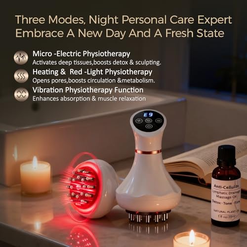 Lymphatic Drainage Massager, Cellulite Massage Tool with Microcurrent, Light, Heat and Vibration, Body Sculpting Machine for Legs, Arms and Belly, Includes Body Oil