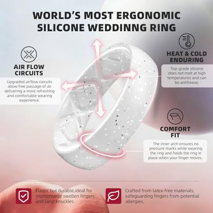 Egnaro Women's Bridal Rings Sets, 6mm Wide, 2mm Thick, Silicone Wedding Rubber Band with Half Size, Inner Arc Ergonomic Breathable Design - color: SETB-Faint Red, White Silver Glitter, Ivory, White, size: 4.5-5