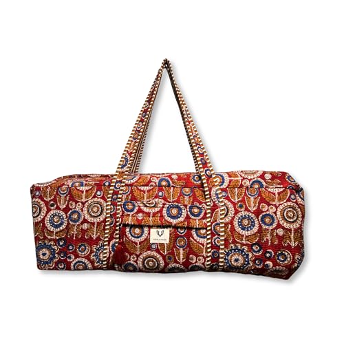 Large Capacity Handblock Printed Yoga Mat bag for Women, Gym Bag, Fits Yoga Blocks, Adjustable strap, Pilates, Gym, Fitness Block & Gear, Light and Durable - color: Ruby Bloom