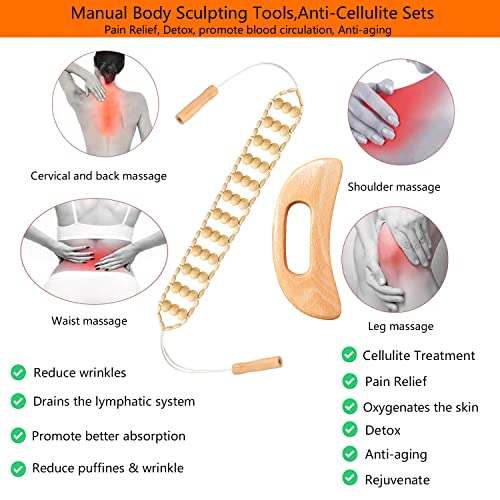 Wood Therapy Massage Tools，Handmade Wood Back Massage Roller Rope Tool,Maderoterapia Kit Body Sculpting Tools for Relax Muscles - style: Back Massager+Guasha Board