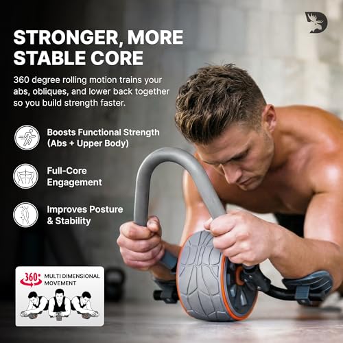 DMoose Fitness Ab Roller Wheel with Elbow Support & 2 Knee Pads - Abdominal Exercise Trainer for Core Strength Training - Ultimate Abs Workout Equipment for Home and Gym - Ab Machine for Men & Women - color: Grey