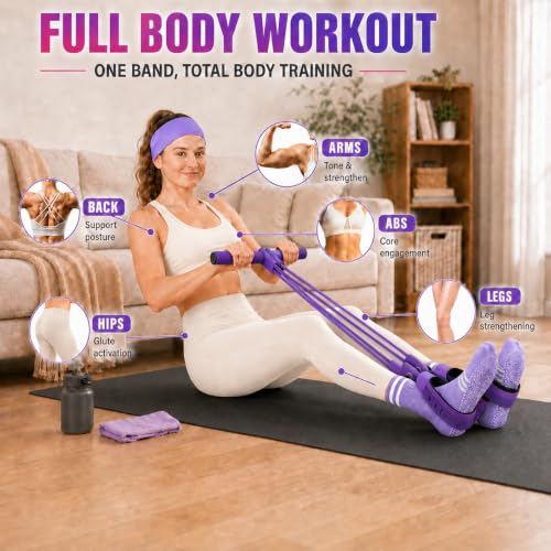 Pedal Resistance Band, Stitched Anti-Snap Elastic Pull Rope Fitness Equipment, 3-in-1 Home Workout Exercise Bands Set with Pilates Grip Socks & Headband - color: Purple, size: 95LB