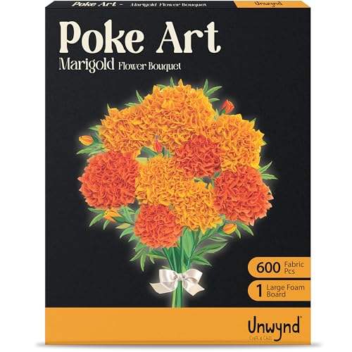 Unwynd Poke Art Marigold Flower Bouquet Kit for Adults, Women and Teens | Hobby activity, brain puzzles, adult, 12 illustration sheets, 12 pages of stickers, 12 colour pages Rubbing Plates & Supplies - style: Marigold