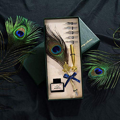 Peacock Feather Pen Set Antique Calligraphy Writing Quill Ink Dip Pen with Holder, Ink and 5 Replacement Nibs in Gift Box-Christmas Gifts