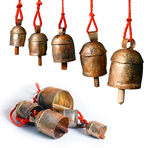 Handmade Rustic Wind Chimes with 5 Brass-Coated Metal Bells (30") – Boho Hanging Bell for Outdoor Patio, Lawn, Balcony, Garden, Door, Farmhouse & Vintage Christmas Decor - color: 5 Bell Harmony Chime