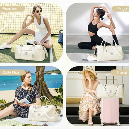 Gym Bag for Women Men with Shoes Compartment and Wet Pocket,Sport Swimming Yoga Bag,Waterproof Travel Duffel Bag Small Carry on Bag Overnight Weekender Bags Personal Item Bag for Airlines Cream White - color: A15-Cream White