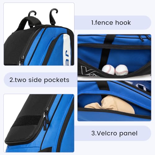 Catchers Gear Bag with Wheels for 4 Bats, 80L Rolling Baseball Bag - color: Blue