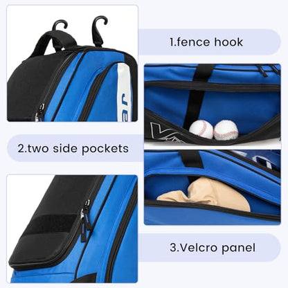 Catchers Gear Bag with Wheels for 4 Bats, 80L Rolling Baseball Bag - color: Blue