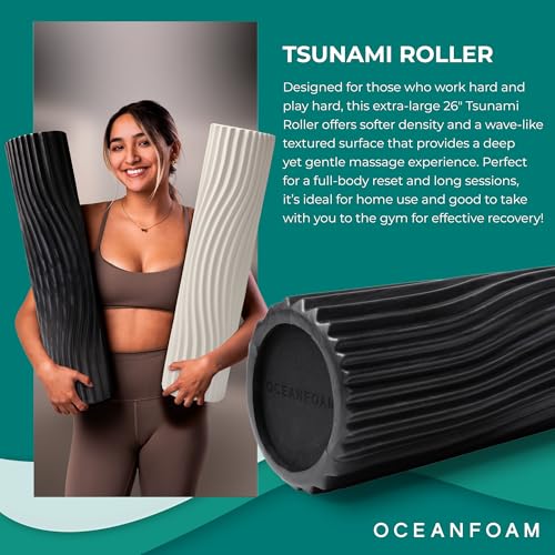 Oceanfoam Tsunami Roller (Black & Charcoal Marbled) - Extra-Large, 26" x 5.9" - Soft, Textured Foam Roller for Physical Therapy, Back Pain, Exercise & Stretching - Yoga, Athletics, & Wellness - color: Black & Charcoal Marbled
