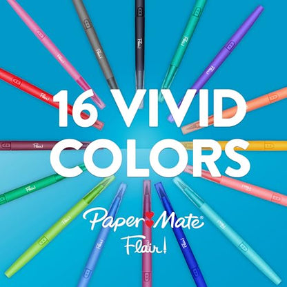 Paper Mate Flair DUAL Felt Tip Pens, Brush and Medium Tips, 16 Count - Journaling, Note-Taking, Hand Lettering - style: Dual Tip