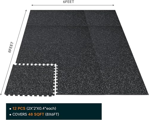 1/2" Thick 48 Sq Ft Rubber Top Gym Flooring, 12 Pcs High Density EVA Foam Exercise Equipment Mats - Interlocking Floor Tiles for Home Gym - 24 x 24in Tile, Black