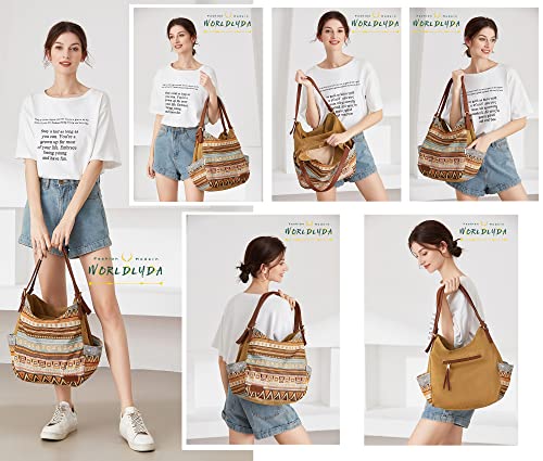 Worldlyda Women Canvas Hobo Purse Multi Pocket Tote Shopper Shoulder Bag Casual Top Handle handbag with Embroidery Ethnic - color: Be06brown Pattern 1