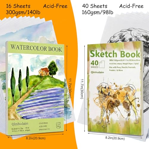 Qlmhudaim Watercolor Paper Pad – A4 (8.2" x 11.7") 140lb/300gsm,Heavyweight Cold Press Paper - for Watercolor, Mixed Media, Drawing & Sketch Book for Kids - Artist Professional & Craft Supplies