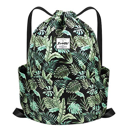 XEYOU Drawstring Backpack Bag Sport Gym Sackpack Beach Cinch Bag | Lightweight Swimming Bag, Water-Resistant Fabric, Travel Daypack for Women and Men - color: Banana Leaf
