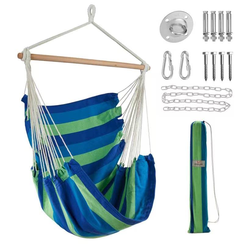 Chulim Hammock Chair Hanging Swing - Cotton Weave Canvas with Hardware Kits, Max 330Lbs, XL Hanging Chair for Indoor Outdoor Patio Yard - Blue Stripe - color: Blue Stripe