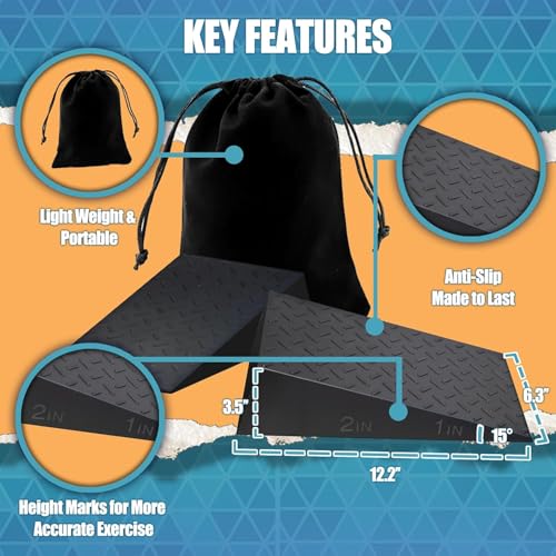 Squat Wedge for Deep Squats Non-Slip: Blocks for Mobility & Leg Training | Heavy-Duty Wedges for Heel Elevated Goblet Squats Barbell Workout & Mobility Training with Guide & Carry Bag for Home Gym