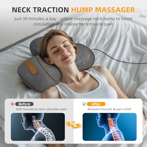 3-in-1 Neck Massager Pillow with Heat & Traction, Deep Tissue Cervical Traction Device for Neck Hump Corrector, Shoulder & Upper Back Pain Relief, Relaxing TheraPillow Support