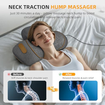 3-in-1 Neck Massager Pillow with Heat & Traction, Deep Tissue Cervical Traction Device for Neck Hump Corrector, Shoulder & Upper Back Pain Relief, Relaxing TheraPillow Support