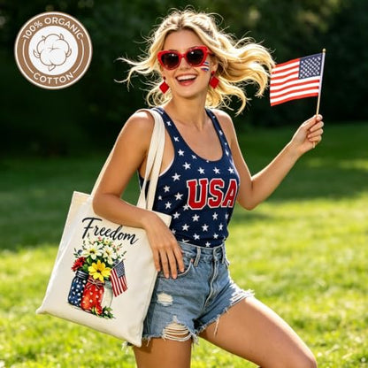 Canvas Tote Bag with Zipper for Women, Halloween Trick or Treat Bags Bulk | 13.8" x 15.3" Fashionable Two-Tone Cotton Tote Bag for Crafts, DIY Your Creative Designs - color: [A0] Freedom - Beige