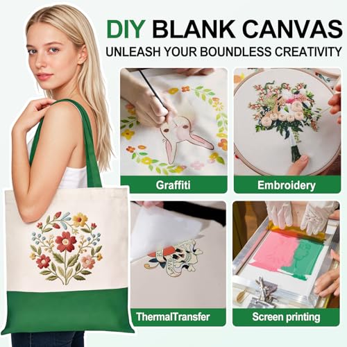Canvas Tote Bag with Zipper for Women, Halloween Trick or Treat Bags Bulk | 13.8" x 15.3" Fashionable Two-Tone Cotton Tote Bag for Crafts, DIY Your Creative Designs - color: [A2] Beige / Green