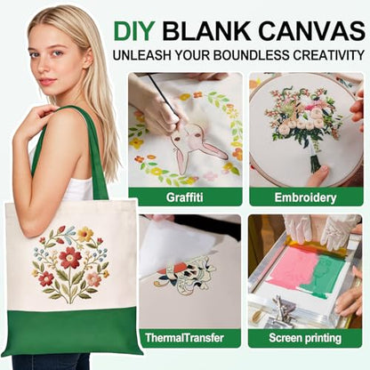 Canvas Tote Bag with Zipper for Women, Halloween Trick or Treat Bags Bulk | 13.8" x 15.3" Fashionable Two-Tone Cotton Tote Bag for Crafts, DIY Your Creative Designs - color: [A2] Beige / Green