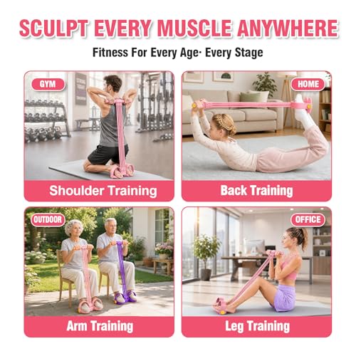 Multifunction Foot Pedal Resistance Bands with Handles, 6-Tube Adjustable Elastic Yoga Exercise Bands, Home Gym Fitness Equipment for Abdomen, Core, Waist, Arm, Leg Stretching（Pink）