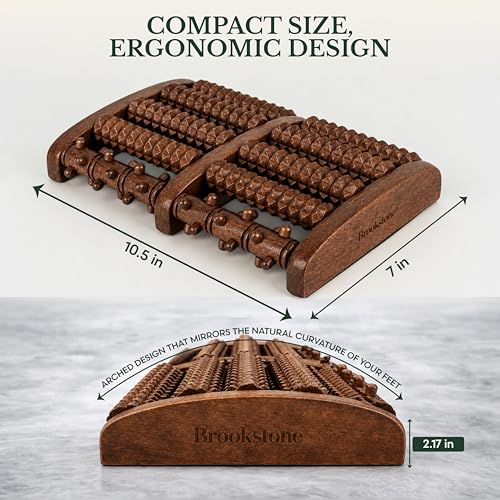 Brookstone Foot Massager Roller Plantar Fasciitis Pain Relief - Wooden Under Desk Feet Massage - Dual Manual Heel Massagers - Wood Rolling Acupressure Tool with Reflexology Guide - Gift for Men, Women - color: Walnut
