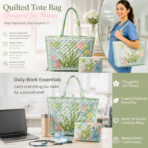 Quilted Tote Bag 2 Pack, Women's Tote Handbags for Work Travel - color: Sage Green Floral