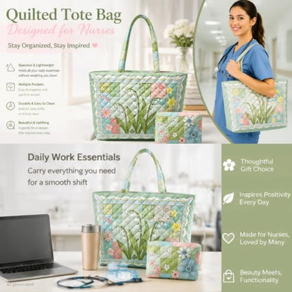 Quilted Tote Bag 2 Pack, Women's Tote Handbags for Work Travel - color: Sage Green Floral
