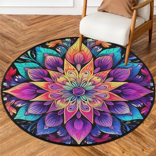 Colorful Mandala Round Area Rug 3Ft Ethnic Boho Flower Circle Floor Mat - color: Mandala, size: 3 ft