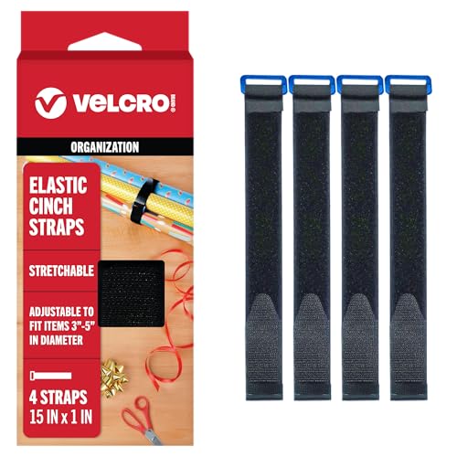 VELCRO Brand Elastic Cinch Straps with Buckle, 15in x 1in, Black, 4 Pack | Stretchable And Adjustable For A Snug Fit; Fastens Lumber, Yoga Mats, Tools, Camping Equipment, And Bulky Gear - size: 4PK Medium 15"