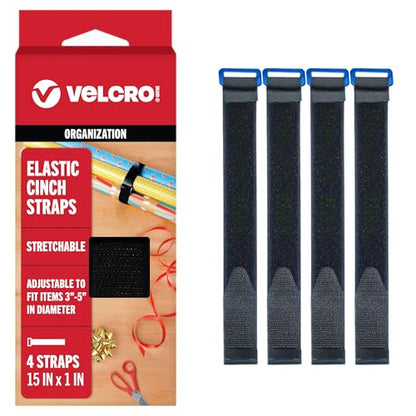 VELCRO Brand Elastic Cinch Straps with Buckle, 15in x 1in, Black, 4 Pack | Stretchable And Adjustable For A Snug Fit; Fastens Lumber, Yoga Mats, Tools, Camping Equipment, And Bulky Gear - size: 4PK Medium 15"