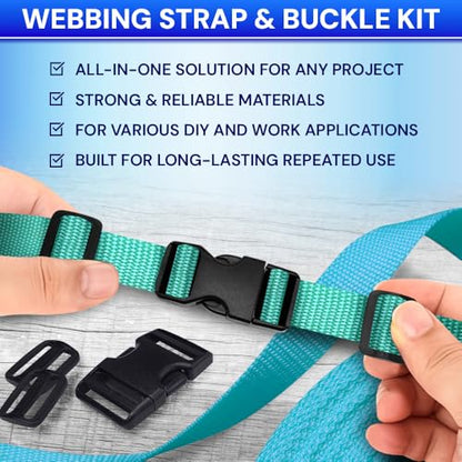 TECEUM 1" Nylon Strap Kit with Buckles, Turqouise 6 yards Repair Set | Heavy duty hardware kit: 6yd webbing, 6 quick release buckles, 12 tri-glide slide clips, 6 metal D-rings for crafting. - color: Turqouise, size: 1" - 6 yards, style: 6 Buckle - 12 Slid
