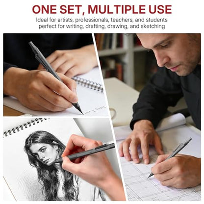 WUO Mechanical Pencil Set, 4 Pack 0.5mm & 0.7mm Metal Drafting Pencils | Mechanical pencils with 480 HB leads, eraser pen, 4B erasers, case for technical drawing, sketching, writing & school - color: Black+Grey
