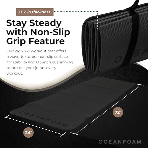 Oceanfoam Travel Workout Mat – 0.3" Thick Folding Exercise Mat for Yoga, Pilates, & Fitness – Non-Slip with Cotton Carrying Strap, Made with Sustainable Algae Foam – 24" x 72" (Charcoal) - color: Charcoal