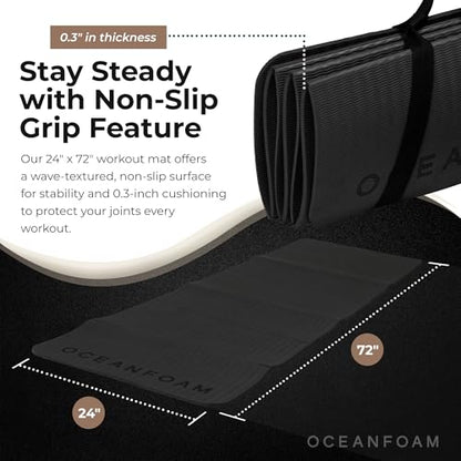 Oceanfoam Travel Workout Mat – 0.3" Thick Folding Exercise Mat for Yoga, Pilates, & Fitness – Non-Slip with Cotton Carrying Strap, Made with Sustainable Algae Foam – 24" x 72" (Charcoal) - color: Charcoal