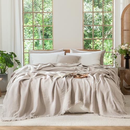 MooMee 100% Cotton Muslin Blanket Fringed 4-Layer Gauze Bed Throw, Queen - color: Cream Grey, size: Queen