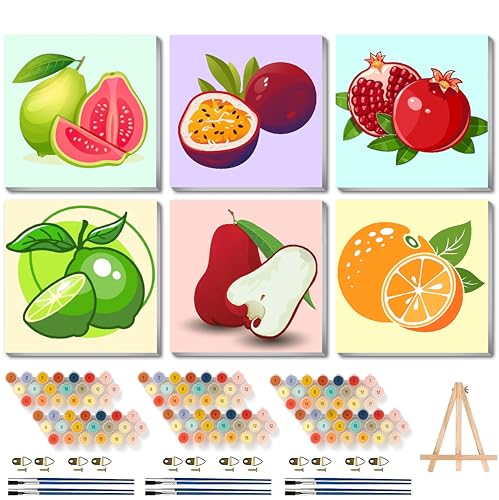 Canrichshop 6 Pack Paint by Numbers Kit for Adults & Kids Ages 4+ Framed-with Wooden Easel,Easy DIY Fruit Oil Painting on Canvas,Acrylic Paint by Number Beginner with Frame for Decor 8x8inch - color: BKH2230~BKH2235