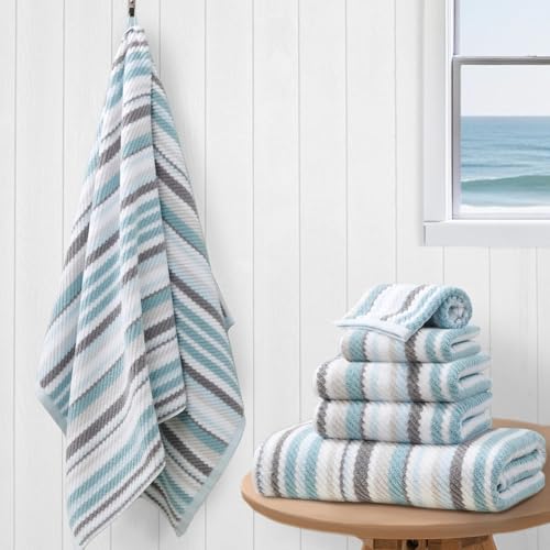 VOOVA & MOVAS Striped Towels 6 Pack, 100% Cotton, Aqua - color: Gray + Aqua Striped, size: 6 PCS Bathroom Towels