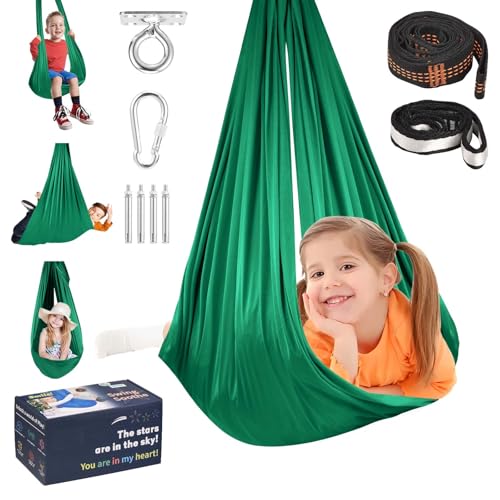 Sensory Joy Swing for Kids, Elastic and Soft Fabric Therapy Swing for Autism, ADHD, Asperger – Indoor Outdoor Sensory Swing for Children, Cozy Cuddle Hammock Chair Autism Swings Indoor（Emerald） - color: Emerald