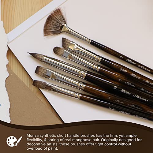Silver Brush Limited Monza Fan Oil and Acrylic Paintbrush, Size 4 | Short Handle, Fine Point Stiff Synthetic Mongoose Bristle, Textured Strokes, Softening, Blending, Superb Paint Absorbency